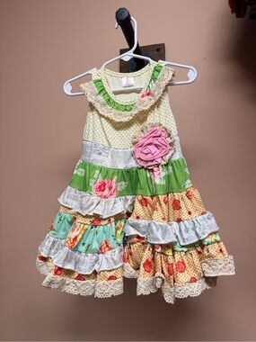 Girls Tiered Floral Patchwork Dress with Pink Rosette